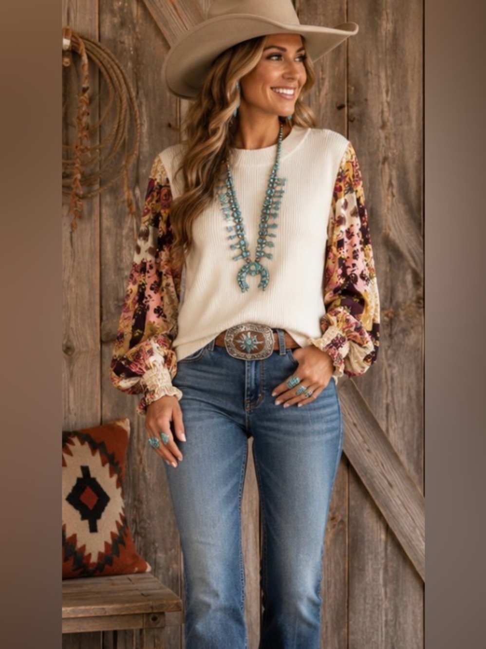 THML Cream Ribbed Sweater with Floral Puff Sleeves (Multi) - Picture 10 of 11